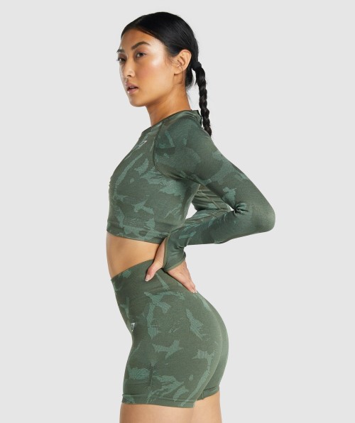 Gymshark Adapt Camo Seamless Long Sleeve Crop Top Savanna-Green