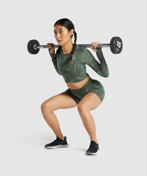 Gymshark Adapt Camo Seamless Long Sleeve Crop Top Savanna-Green